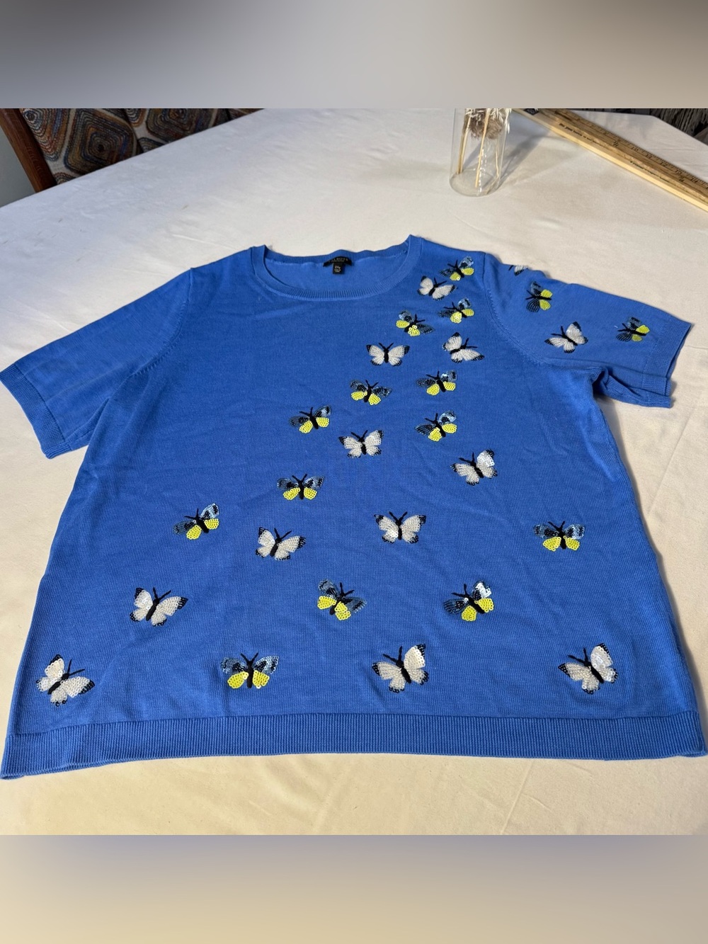 Talbots sz 2Xp Blue Butterfly. Embellished butterflies Short-Sleeve Top.